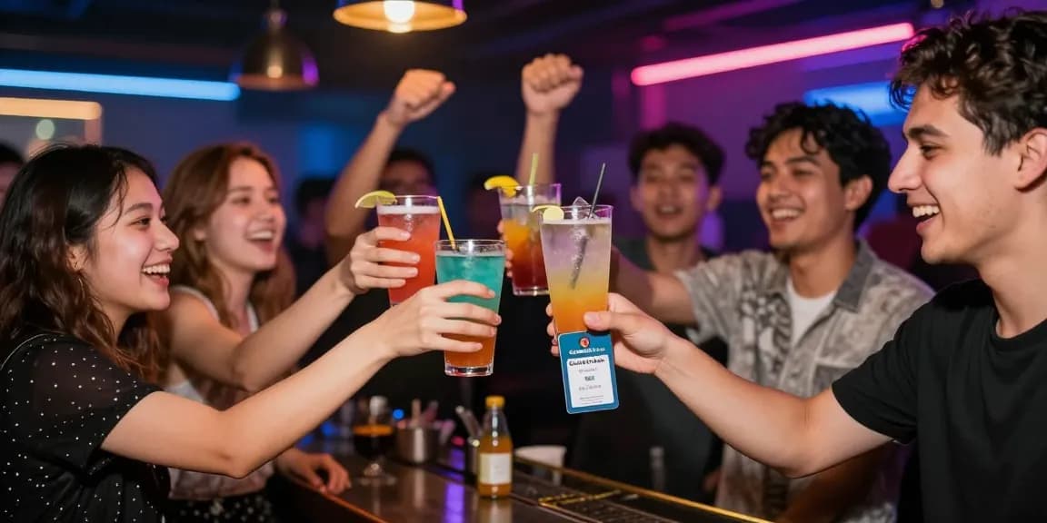 在夜生活场景中，年轻人在酒吧兴奋地展示他们的Club21ids ID，尽享活力与欢聚气氛。