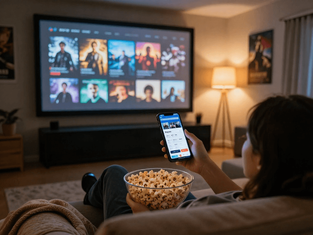 Enjoying movies with the Moviebox app on a cozy home theater sofa.
