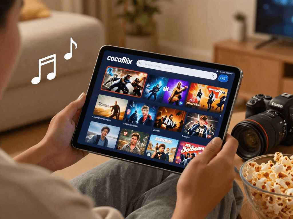 Enjoying the cocoflix app for a cozy movie night at home with vibrant visuals.