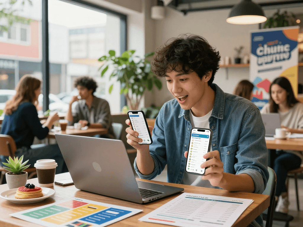 Purchase app installs displayed on entrepreneur's laptop in vibrant urban café