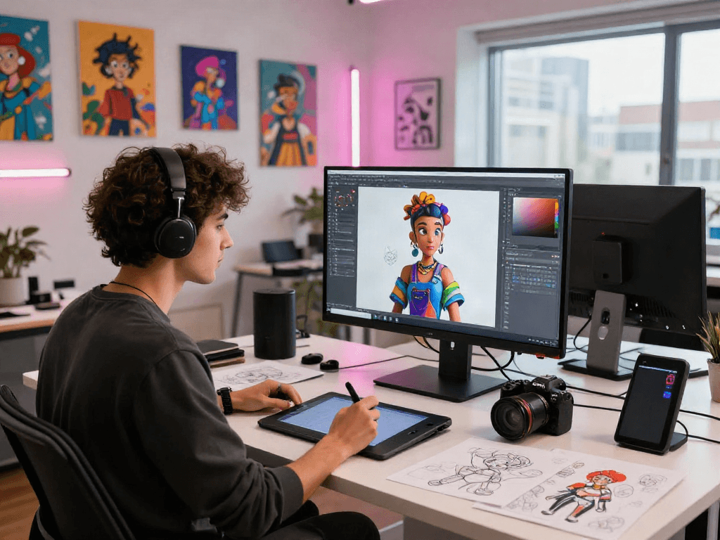 Creating innovative character designs with character ai nsfw tools in a vibrant studio setting.