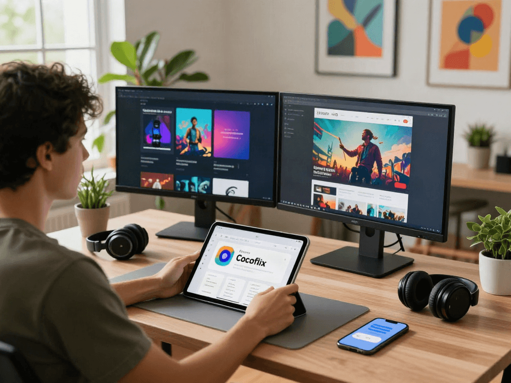 Cocoflix apk download in a modern tech workspace with vibrant media content displayed on screens.
