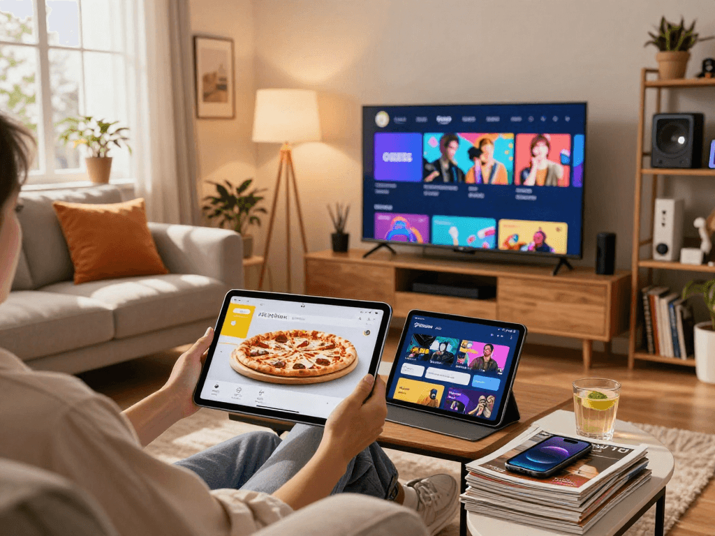 Enjoying the pikashow app on a sleek tablet in a cozy urban living room, complete with entertainment setup.