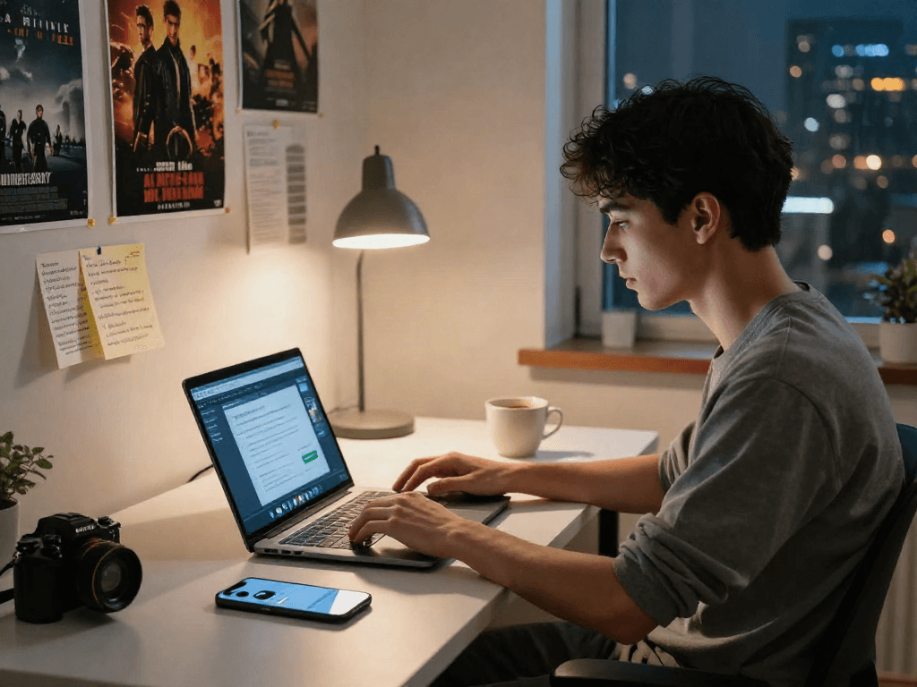 Downloading Moviebox apk in a cozy home office with tech gadgets and movie posters.