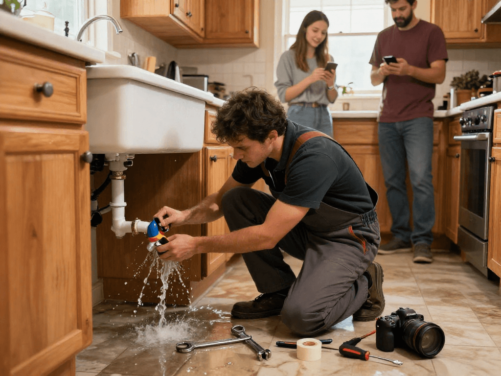 Emergency plumber Fort Worth fixing a leaking kitchen sink with tools while concerned family member calls for help.