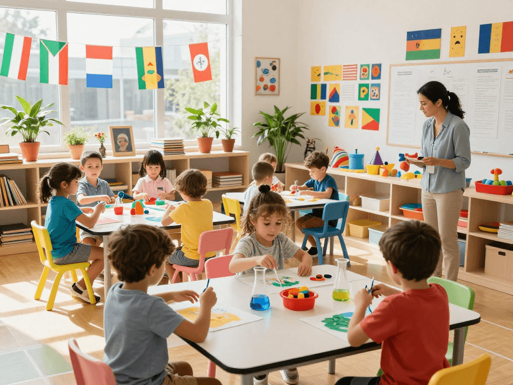 Children exploring pre nursery Singapore at Pegasus International Preschool, engaged in learning activities with a nurturing teacher.