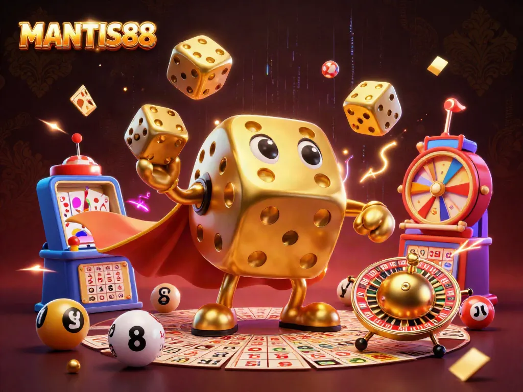 MANTIS88 showcases an engaging vibrant lottery scene with golden dice and lottery elements.