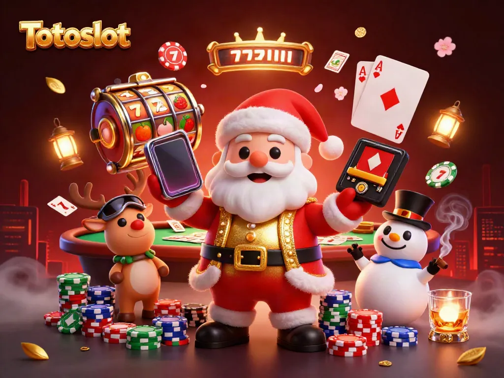 Totoslot menampilkan Santa Claus 3D bersenang-senang dengan jeri reindeer dan salju yang bijak di kasino.