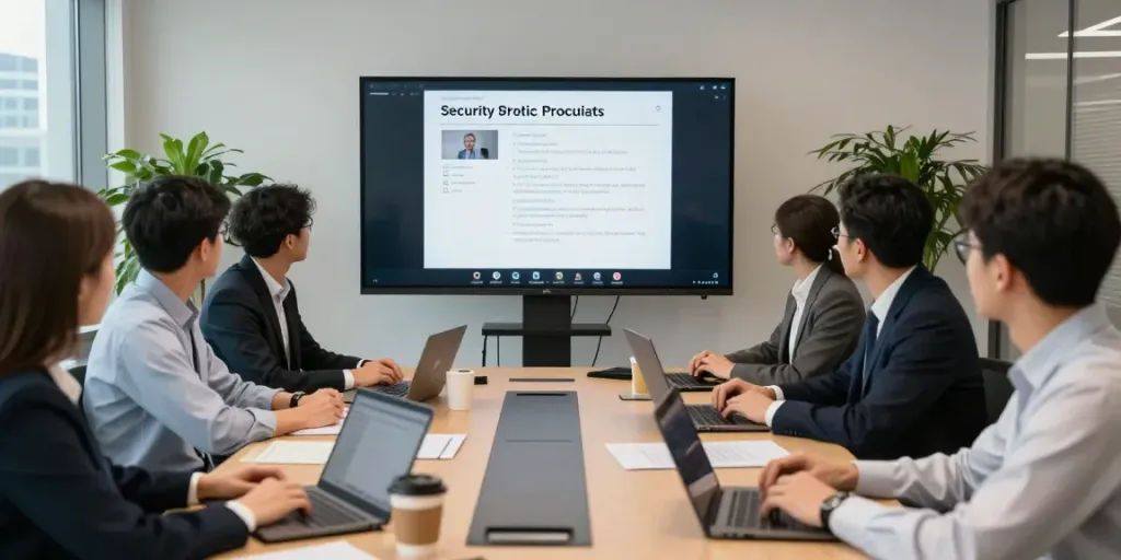 Deepfake-protected meetings with professionals collaborating in a modern conference room.