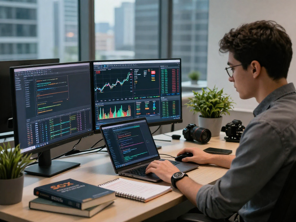 Developer utilizing SGX stock real-time API on multiple monitors in a modern trading desk
