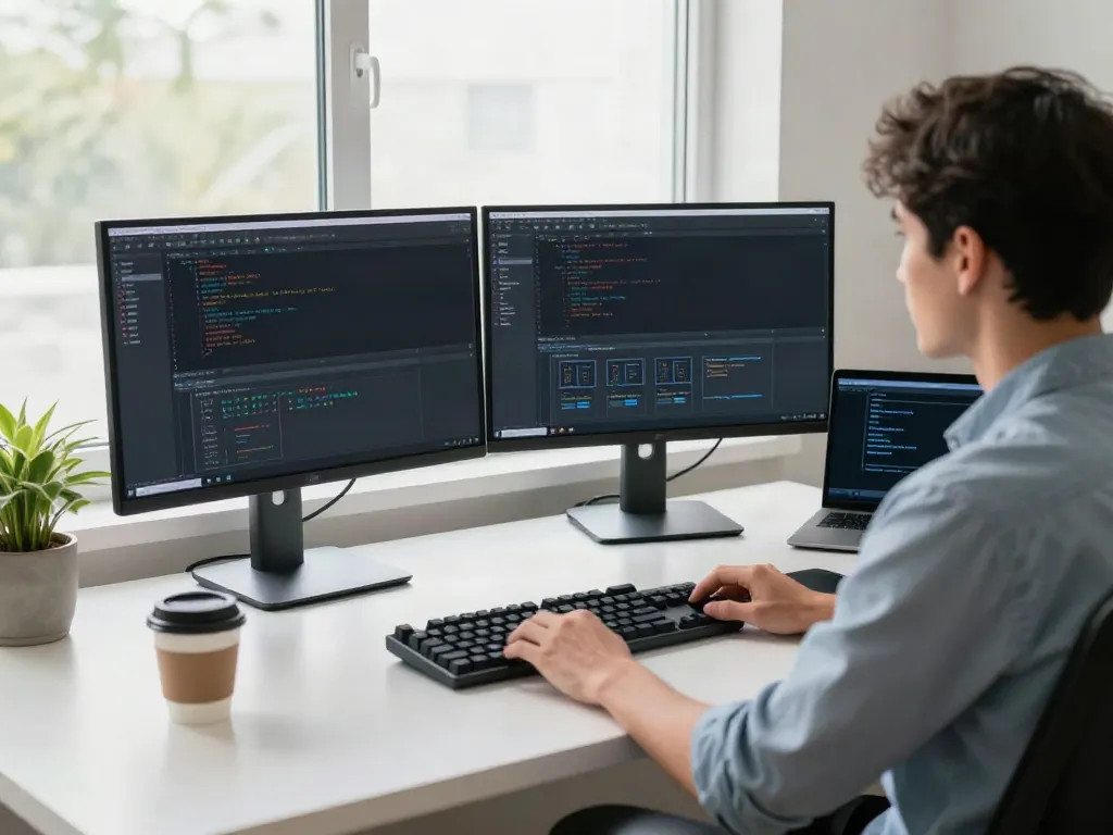 v2rayN官网 - Developer in a modern workspace working on code with dual monitors and design tools.
