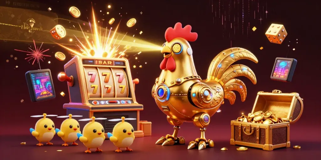 Experience the qqmacan link with vibrant illustrations of a golden rooster robot amidst a jackpot explosion of casino games.