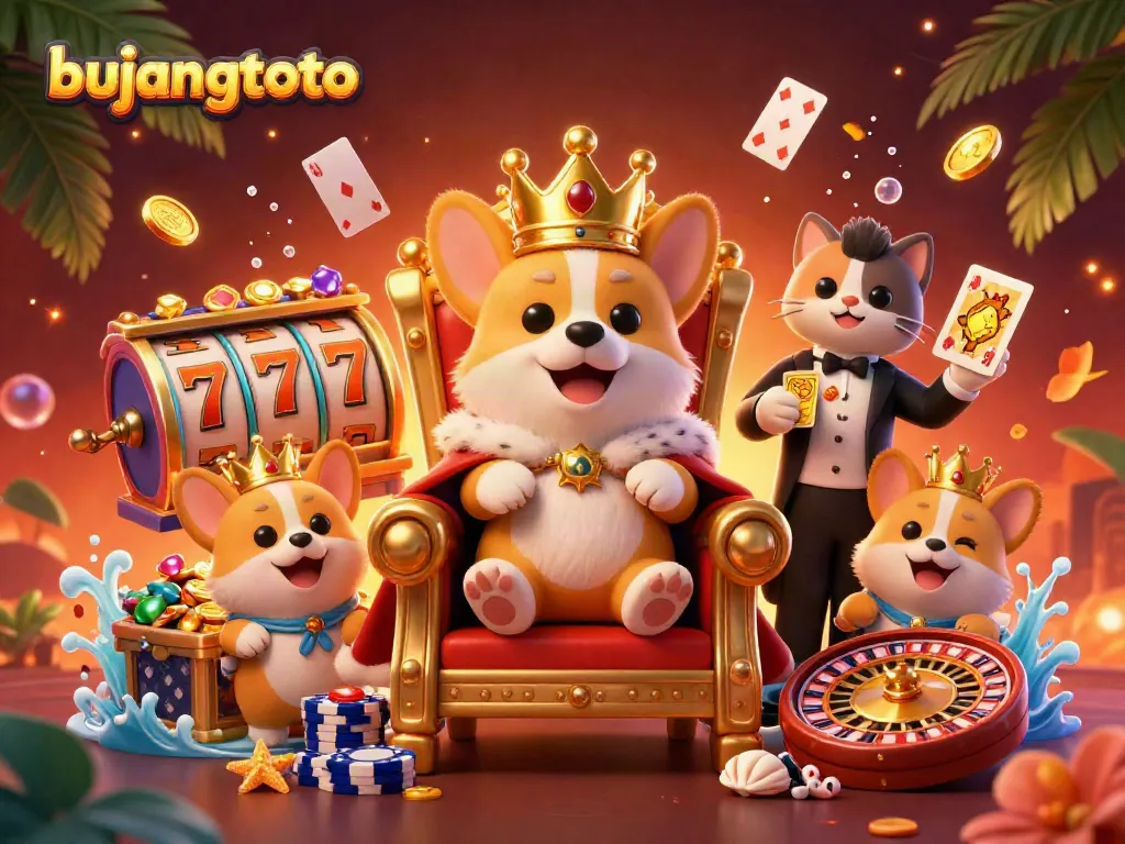 Bujangtoto offers thrilling slots with royal corgis in a vibrant casino scene, capturing the excitement of gaming.