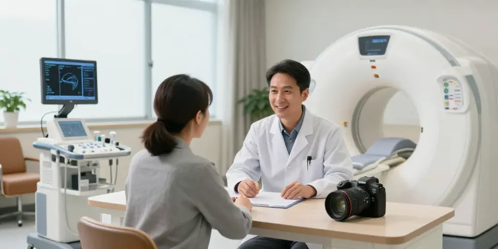 Was Sie zu Ihrem Termin im Diagnostikzentrum Wolfsburg mitbringen sollten: freundlicher Radiologe berät Patienten.