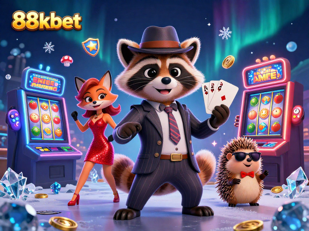 Experience the thrill of 88kbet with our vibrant 3D casino scene featuring exciting slot machines and playful characters.