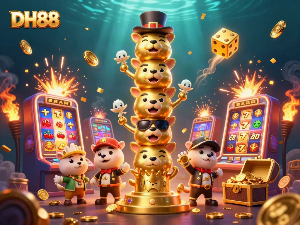 Spin to win with DH88 as the vibrant casino scene bursts with slot machine jackpots and golden coins.