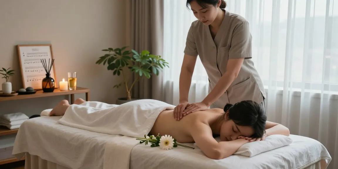 Incheon출장안마 therapy session with a tranquil atmosphere showcasing essential oils, candles, and fresh flowers, promoting relaxation.