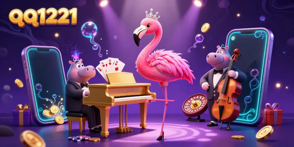 Experience exciting gaming with qq1221 featuring an artistically vibrant casino scene and slot action.