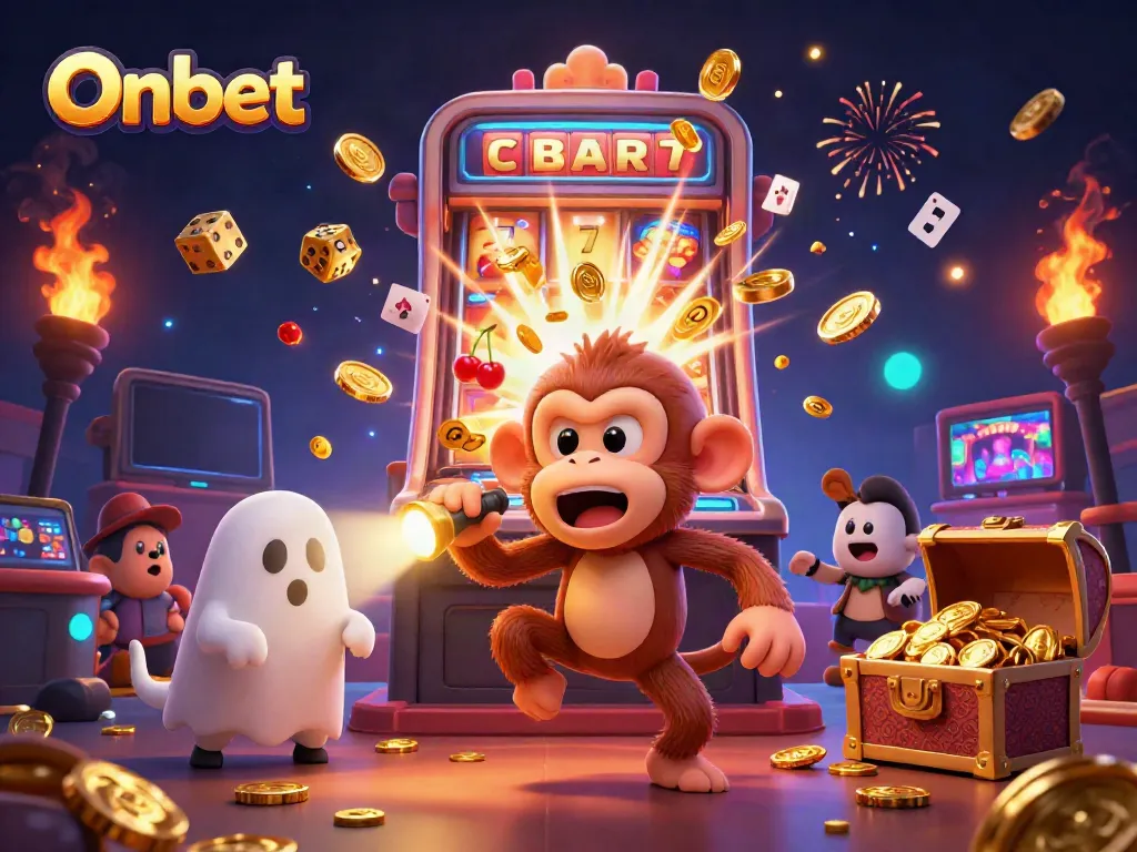 Experience thrilling gaming at Onbet with a poltergeist monkey and ghost-hunter puppy in a vibrant casino scene.
