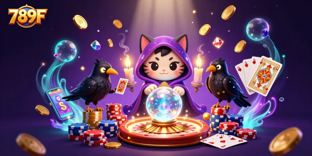 Engage with 789F's enchanting gaming environment featuring a mystical cat and exciting casino elements.