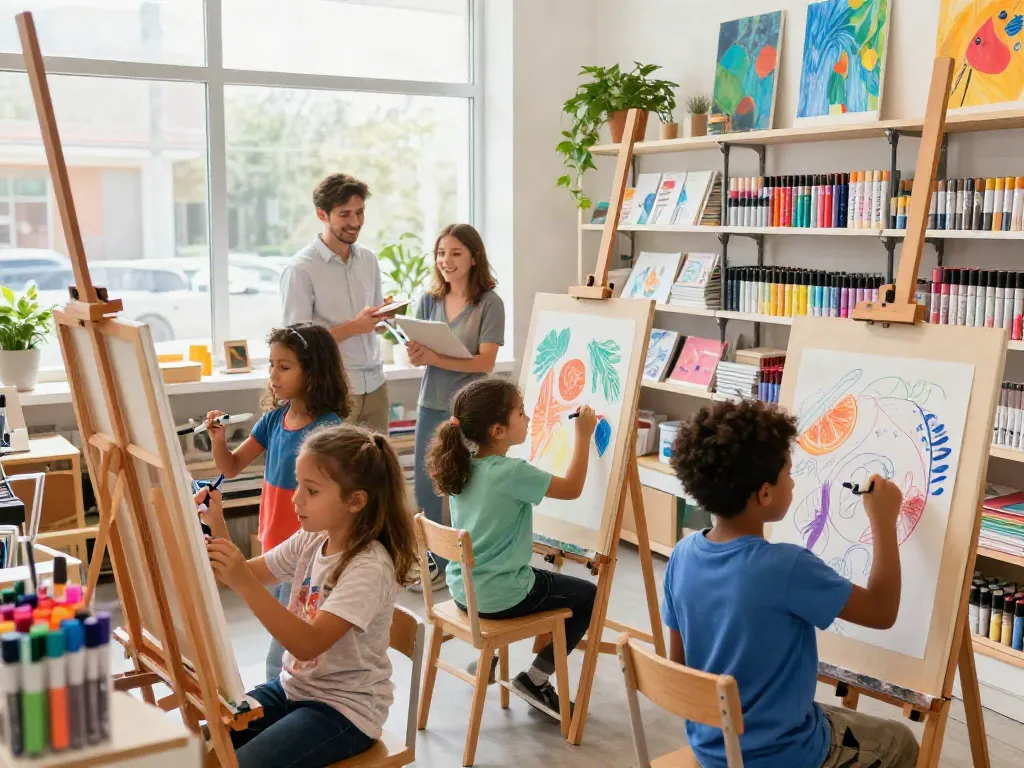 Engaging art supply store scene showcasing diverse users with markers wholesale, vibrant colors, and a lively atmosphere.