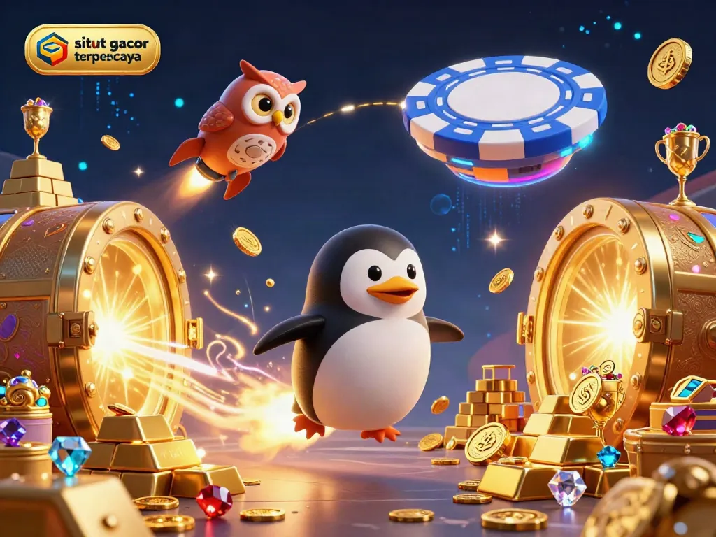 Sparkling 3D casino illustration featuring a golden penguin and vibrant casino elements for situs slot gacor terpercaya.