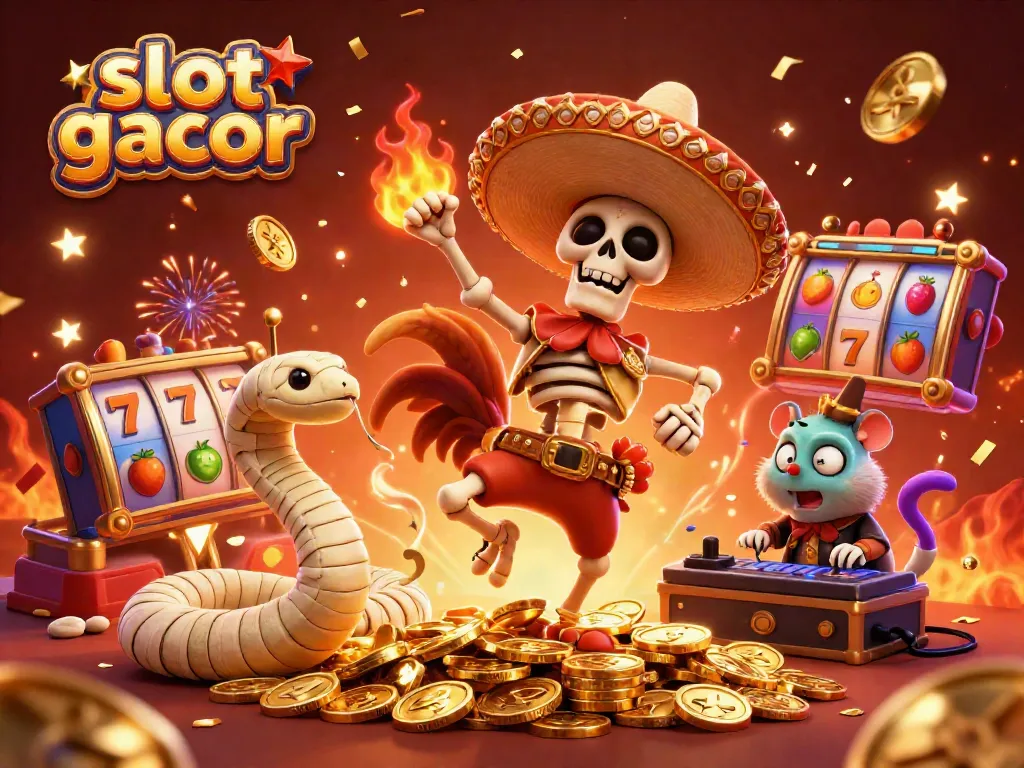 Celebrate with slot gacor excitement in a vibrant casino scene packed with characters and jackpots.
