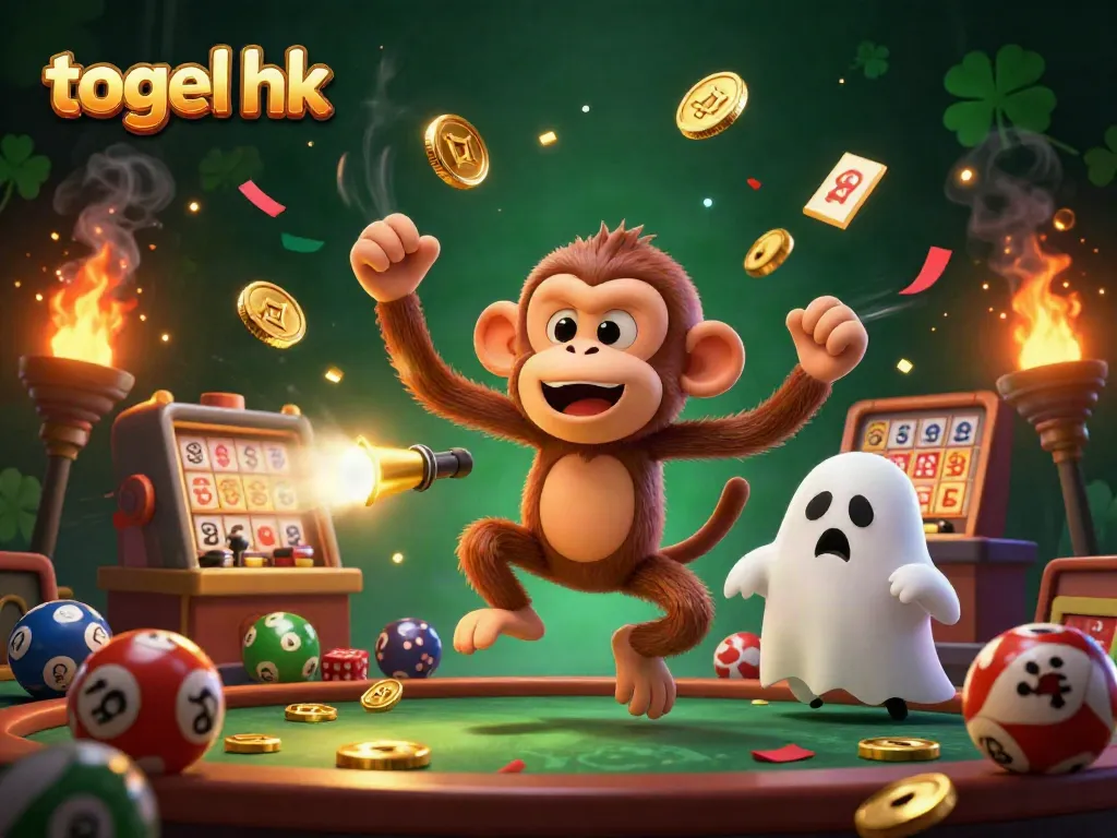 Gambaran togel hk dengan karakter monyet poltergeist dan anjing pemalas di kasino yang berhantu.