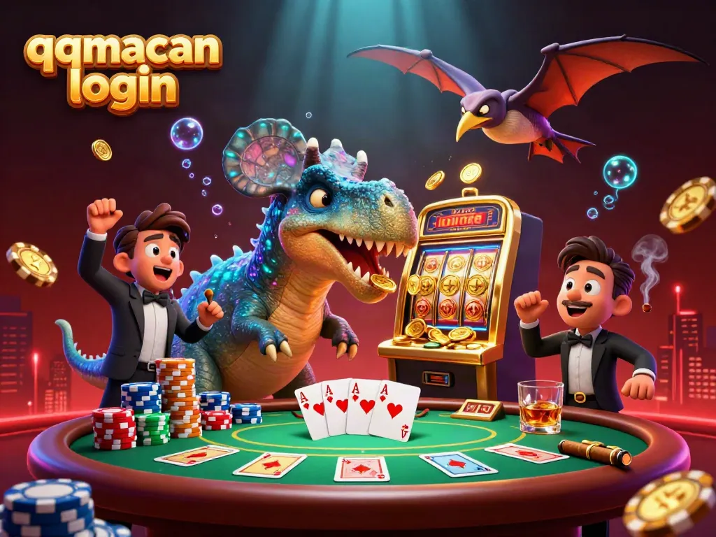 Experience the thrill of qqmacan login as a dinosaur wins big from a slot machine amid a vibrant casino scene.