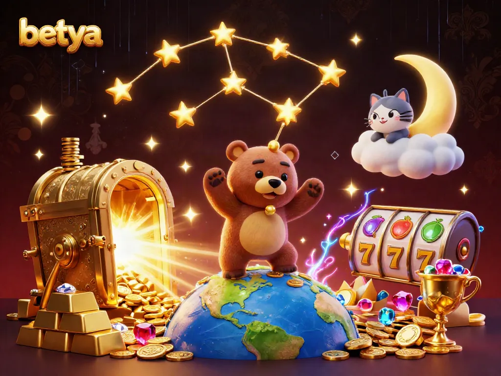 Betya excels in an enchanting casino scene, as a golden constellation bear gathers treasures amidst slot reels.