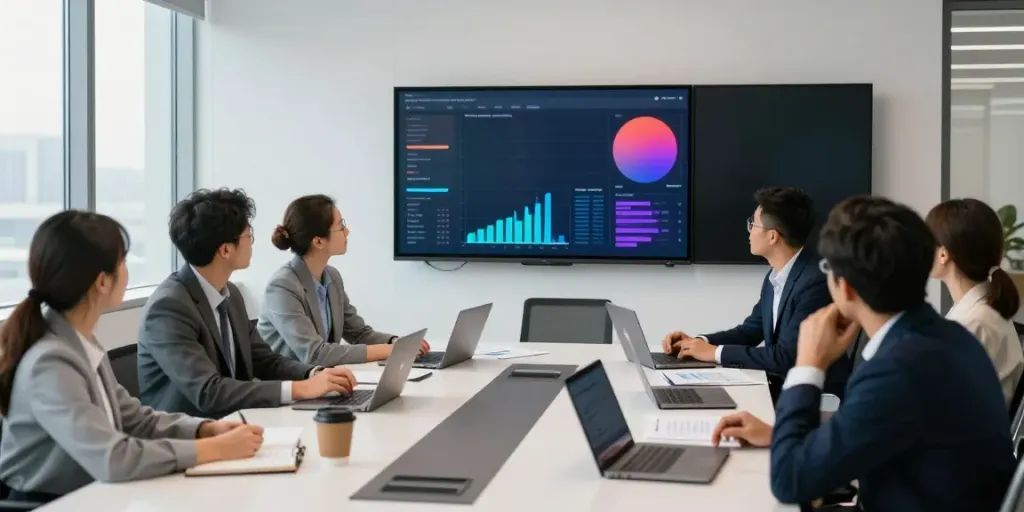 Financial analysts discussing market trends among top banks in usa in a modern office.