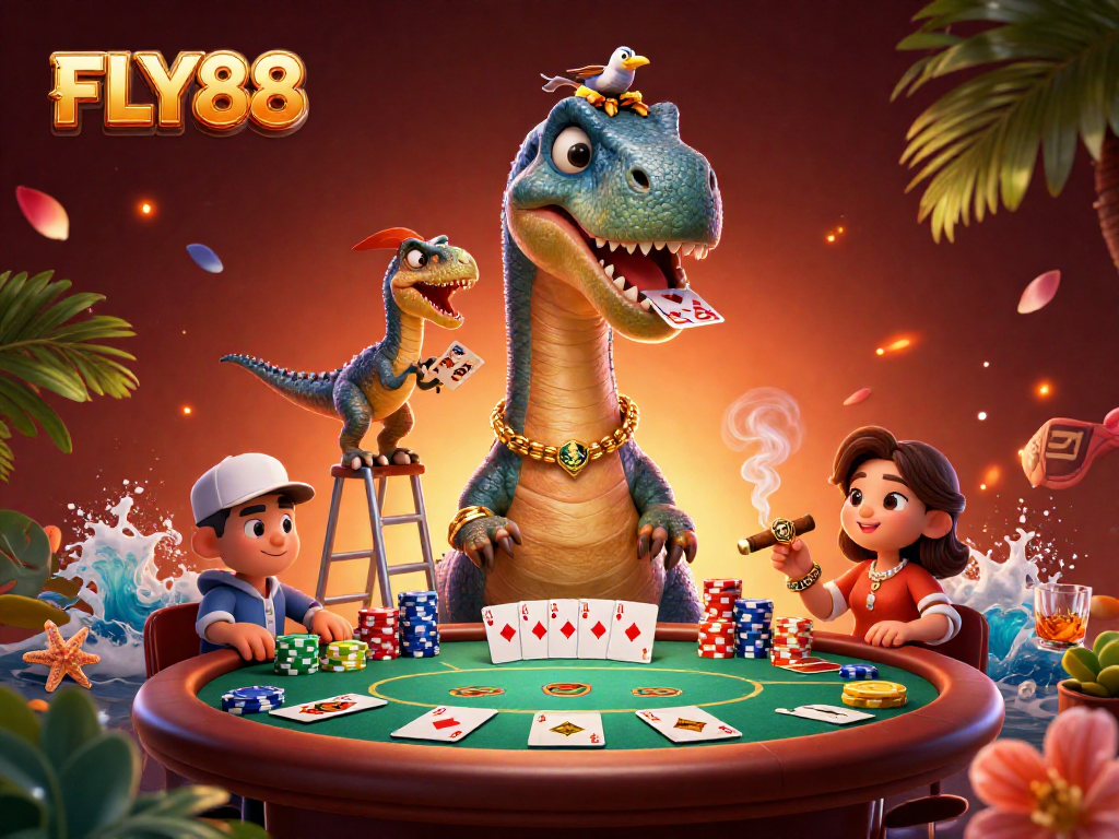 FLY88 showcases a vibrant cartoon casino scene with a brontosaurus and raptor, illustrating a lively poker game.
