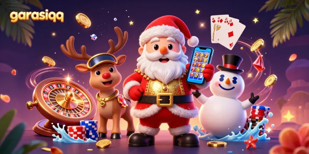 Experience the excitement of garasiqq with festive characters and rich casino elements in a vibrant illustration.