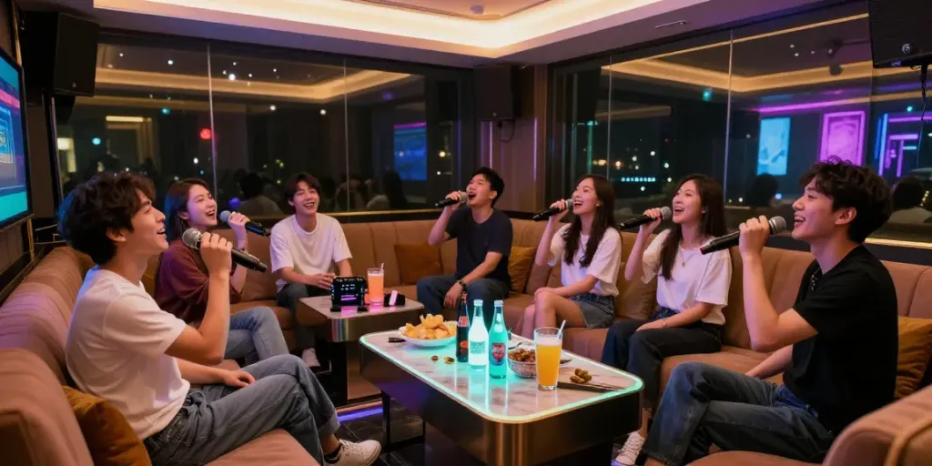 강남 달토 가라오케의 생기 넘치는 분위기와 손님들이 노래하는 모습