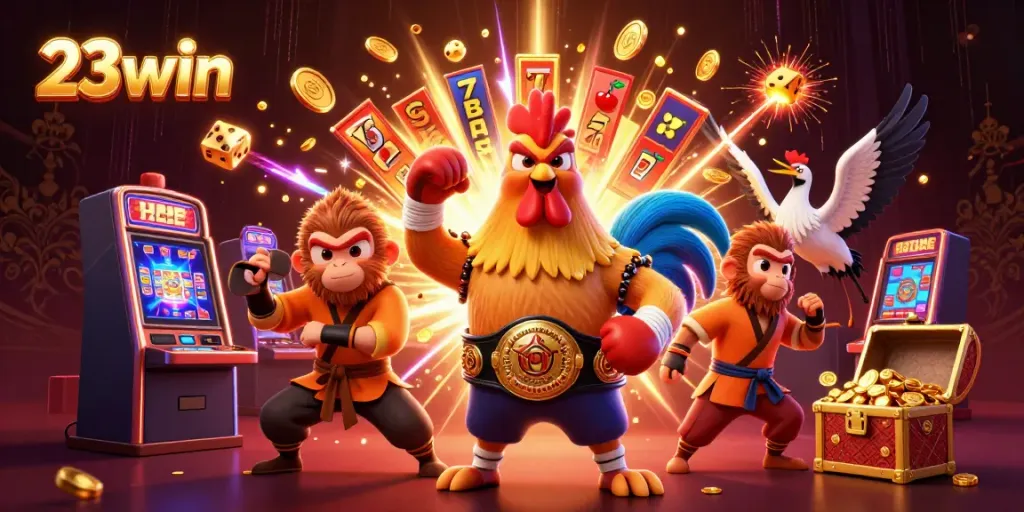 Experience the excitement at 23win with vibrant 3D casino characters and themes, showcasing a dynamic gaming scene.