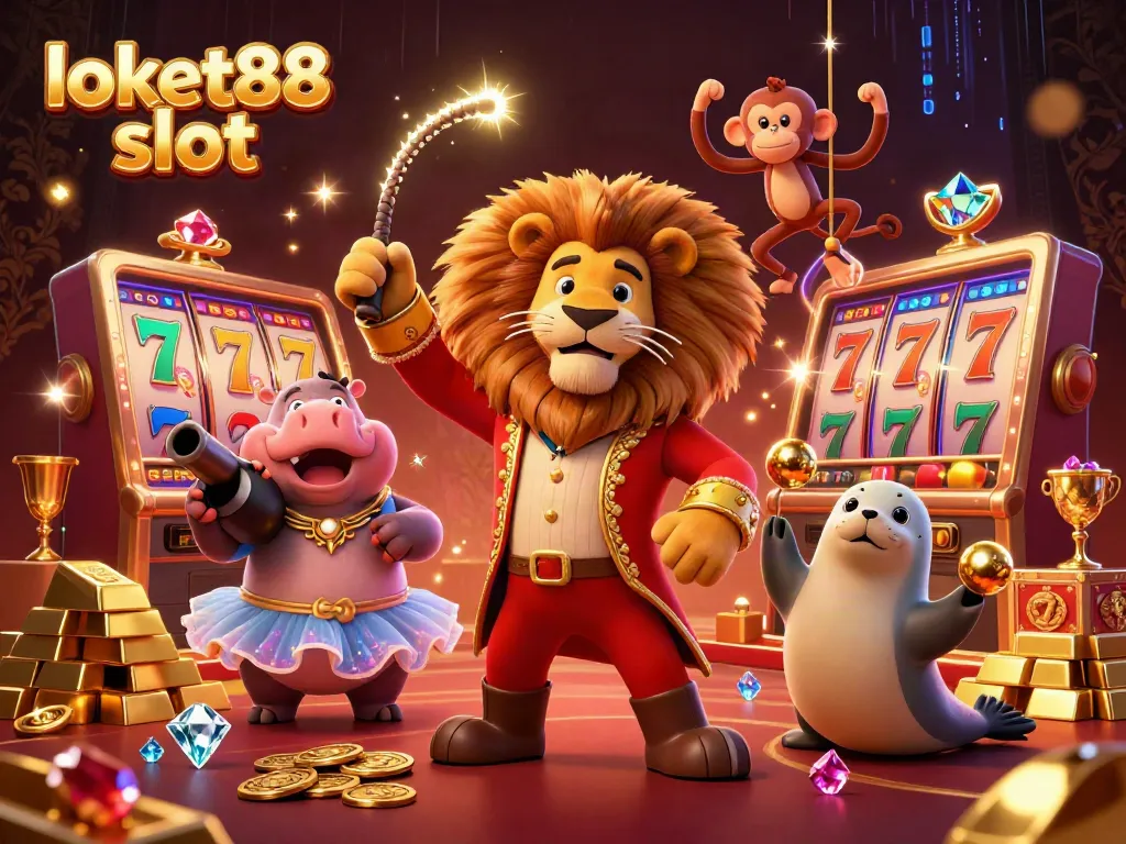 Engaging scene of loket88 slot with animated circus characters around golden slots and gems.