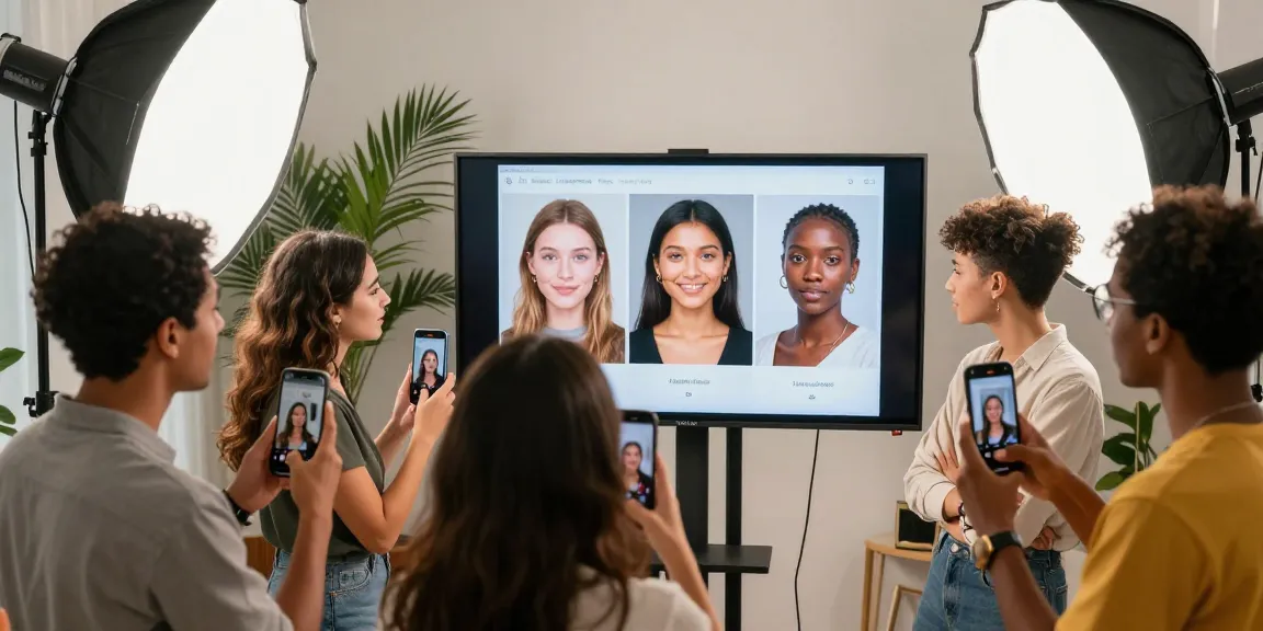 Friends interacting while taking an attractive test in a vibrant photography studio.