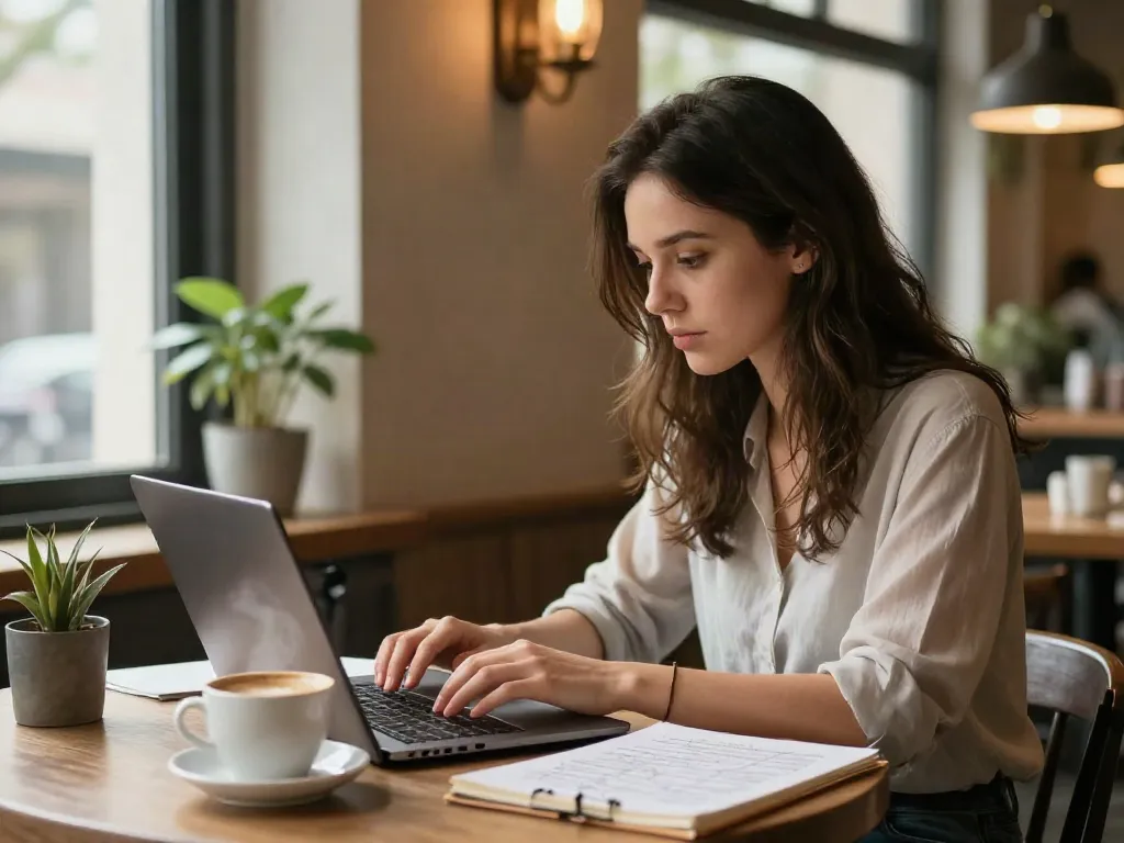 Young woman engaging in film analysis while studying "her" explanation at a café.