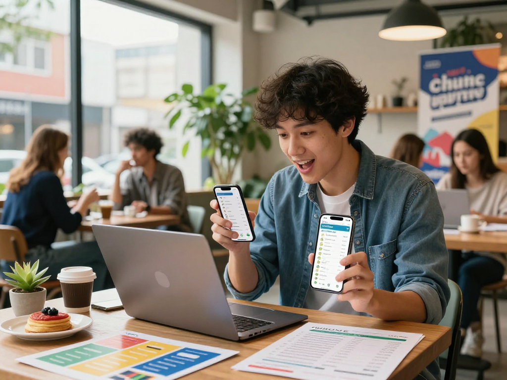 Purchase app installs displayed on entrepreneur's laptop in vibrant urban café