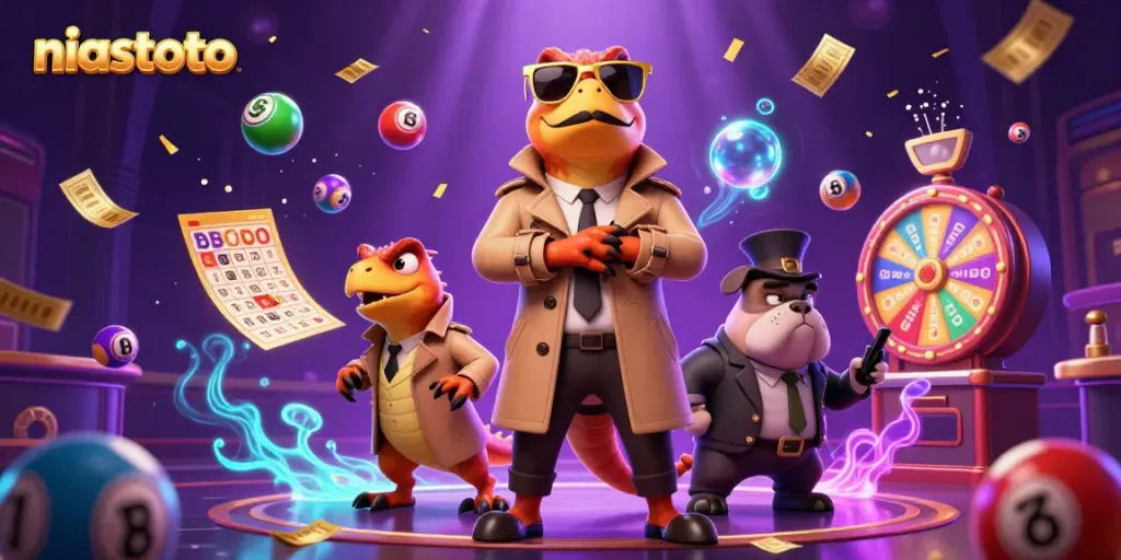 Engage in thrilling gameplay at niastoto with lottery balls and golden tickets around three raptors entering a VIP casino lounge.