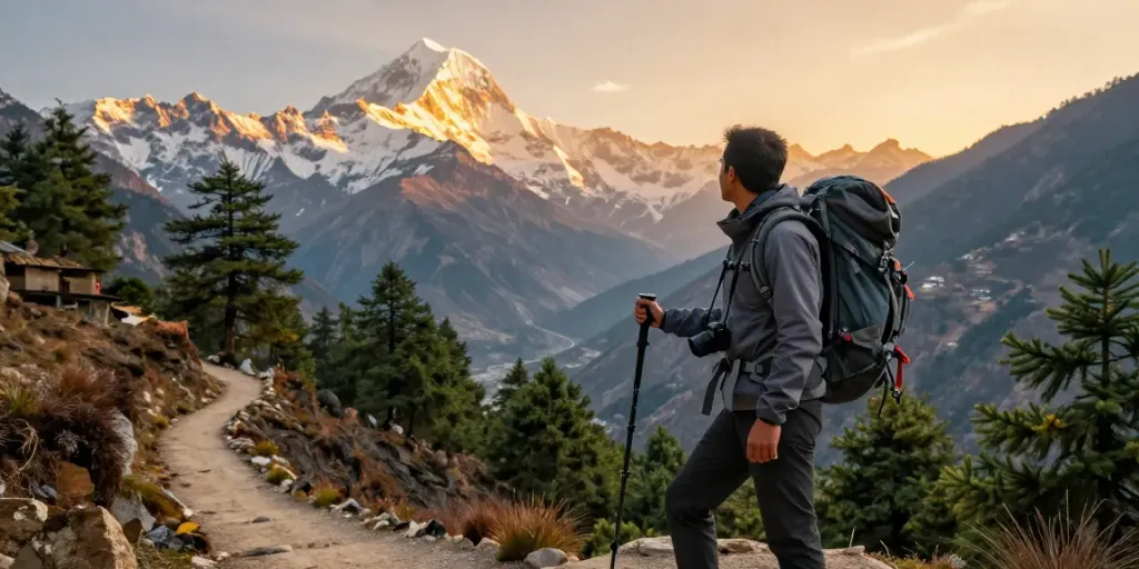 Trek to Manaslu Circuit with traveler enjoying breathtaking views of the Himalayas at sunset