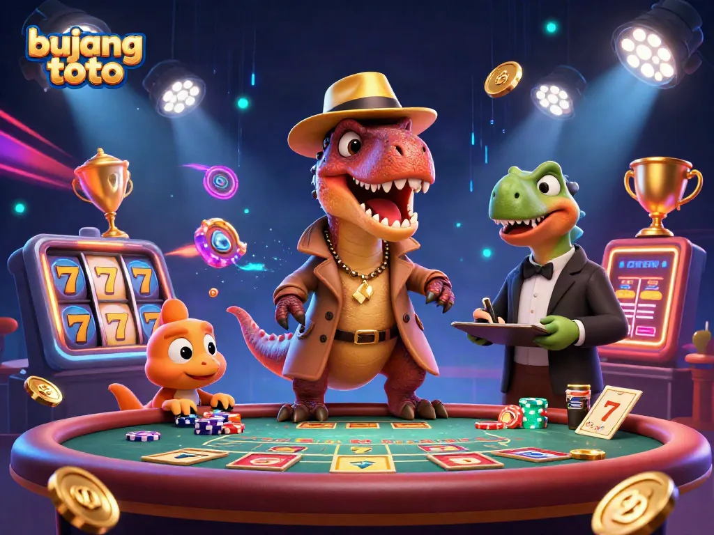 Experience excitement at BUJANG TOTO with a cartoon velociraptor at the blackjack table amidst colorful gaming elements.