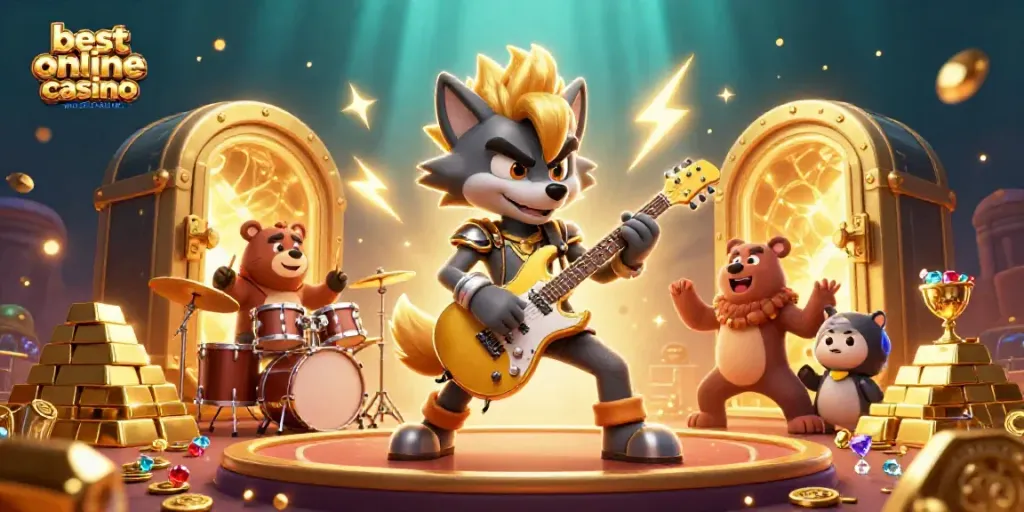 Experience the excitement at the best online casino Australia with cartoon characters playing amidst treasures and vibrant lights.