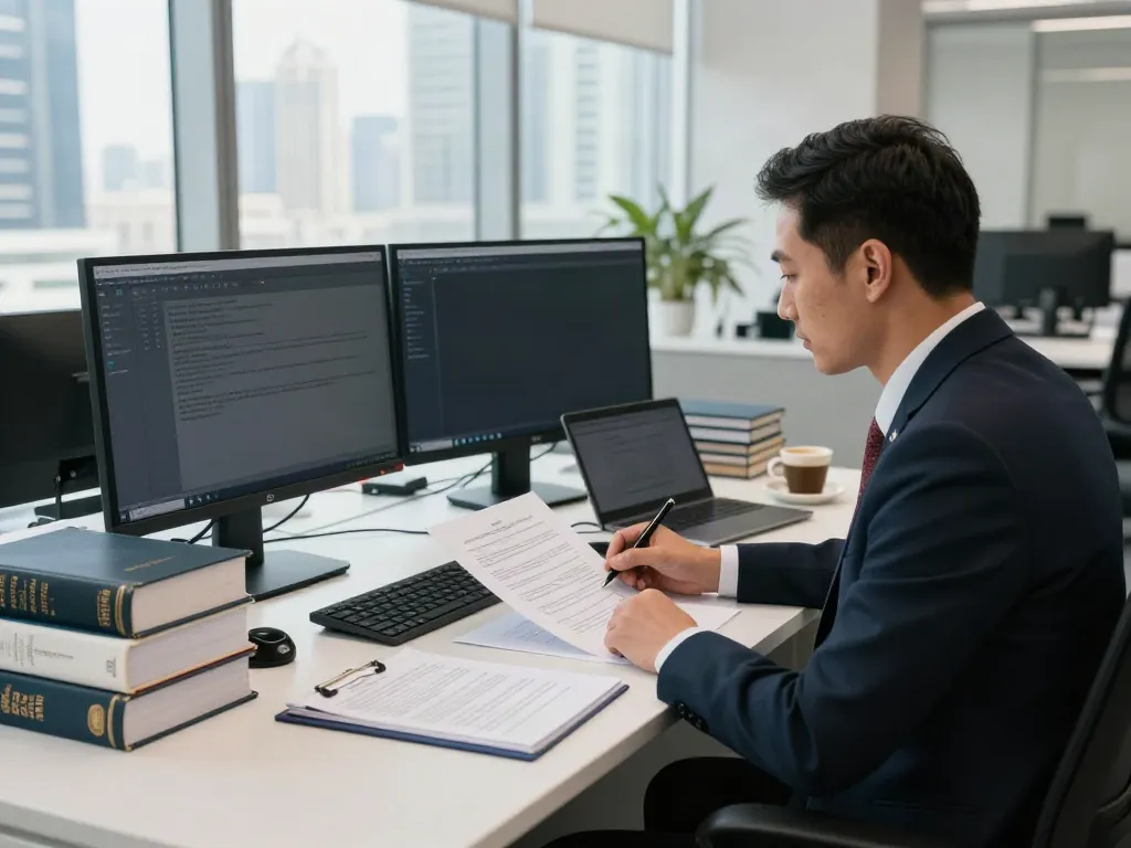 Legal Translation Dubai scene with a certified translator working on documents in a modern office.