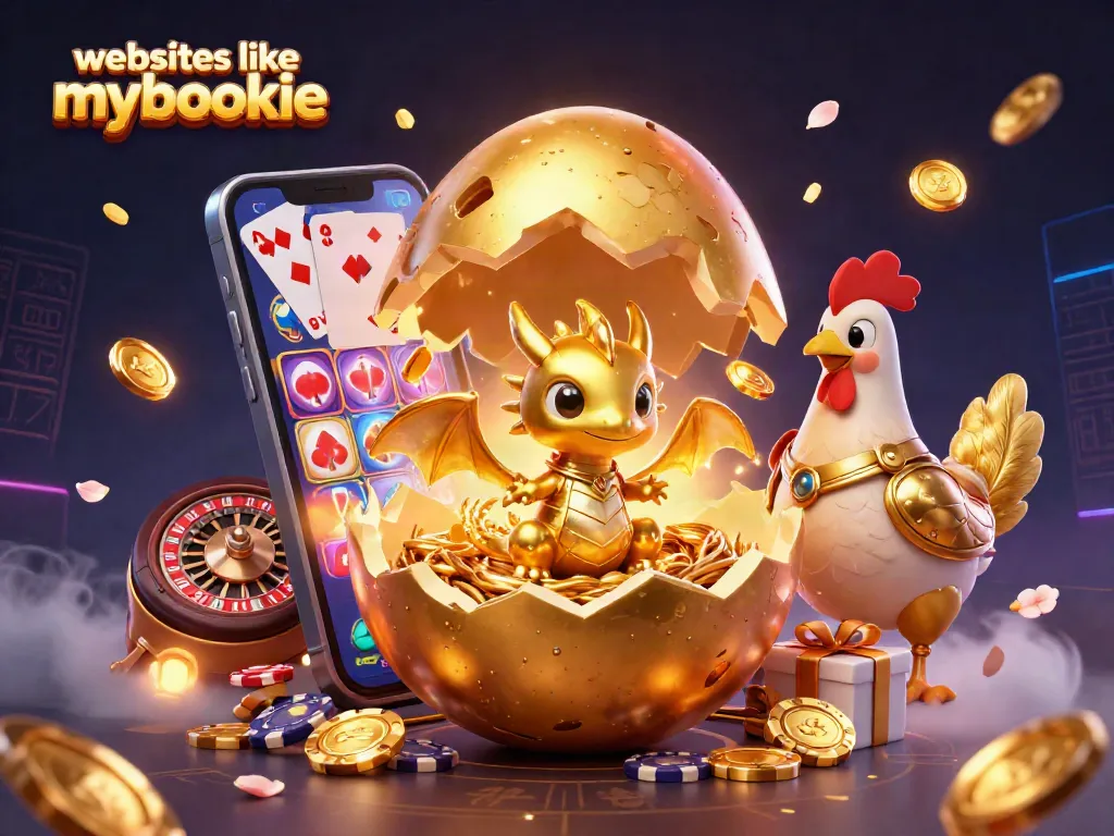 Engaging scene showcasing websites like mybookie with a golden dragon, poker chips, and casino games.