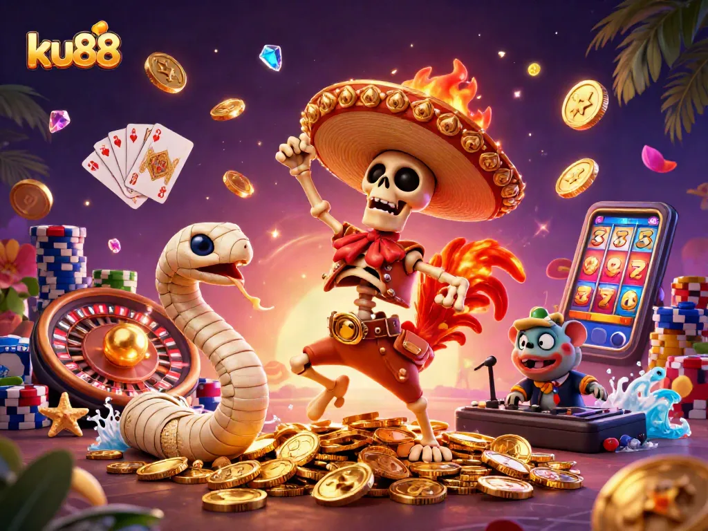 Experience the excitement of ku88 with a vibrant casino scene featuring animated characters celebrating amidst gold.