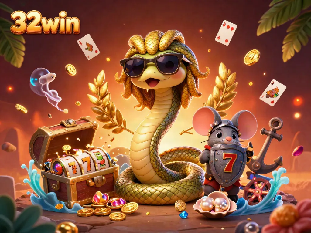 Experience the thrill of 32win with a lively casino scene featuring Medusa, gold coins, and slot reels.