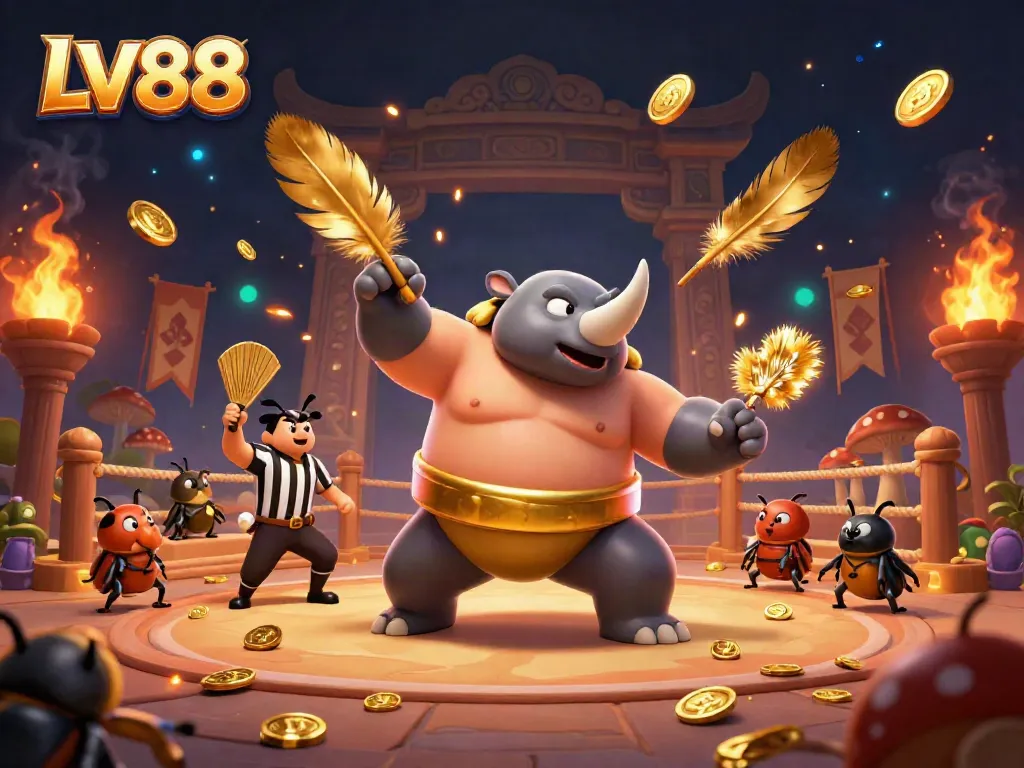 Experience the vibrant thrill of LV88 as the sumo beetle champion sends coins flying in a dazzling casino arena.