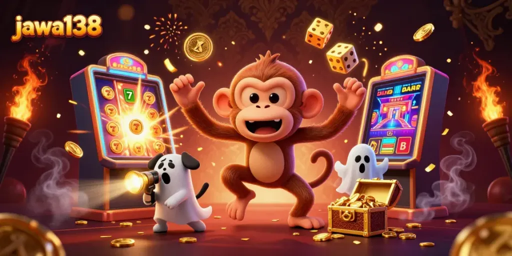 Watch the jawa138 poltergeist monkey juggling coins in a lively casino atmosphere full of jackpot excitement.
