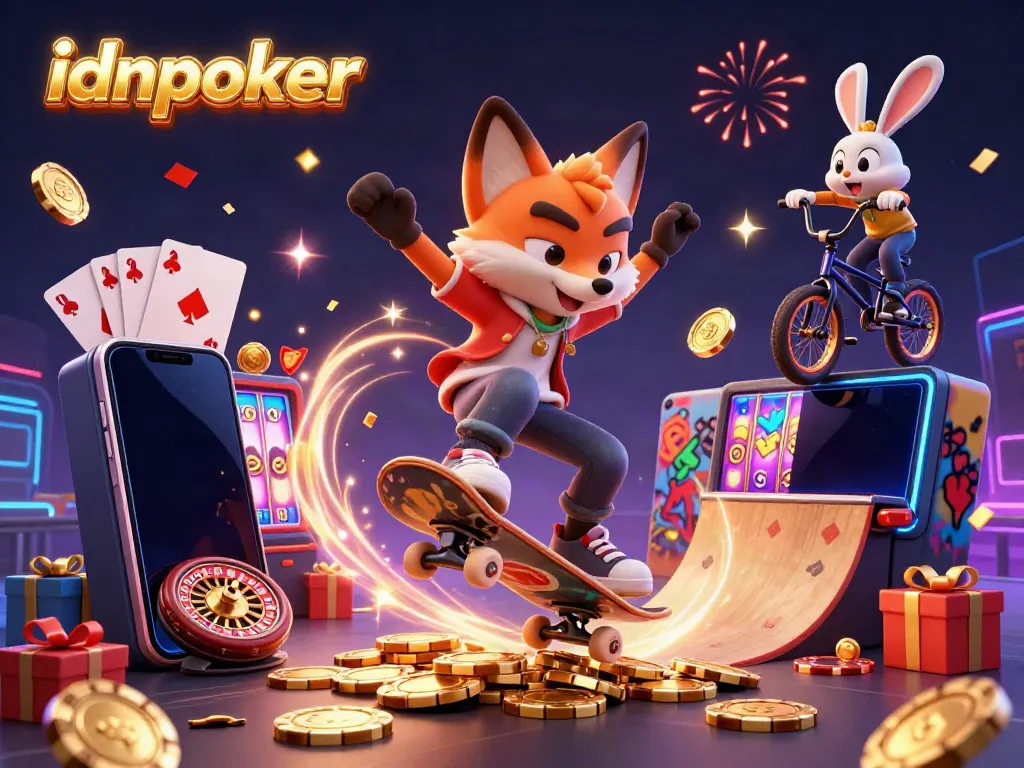 Gamer idnpoker merayakan permainan dengan chip poker dan smartphone di tengah pesta.